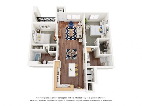 Floor plan for 2 beds, 2 baths, 1001 sqft